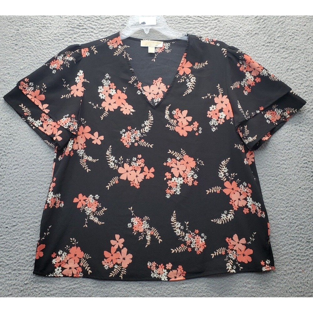 Michael Kors Blouse Tops Women's XL Multi Floral Stretch V Neck Slit Pullover